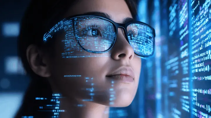 Person mit Brille vor digitalen Daten und KI-Visualisierung