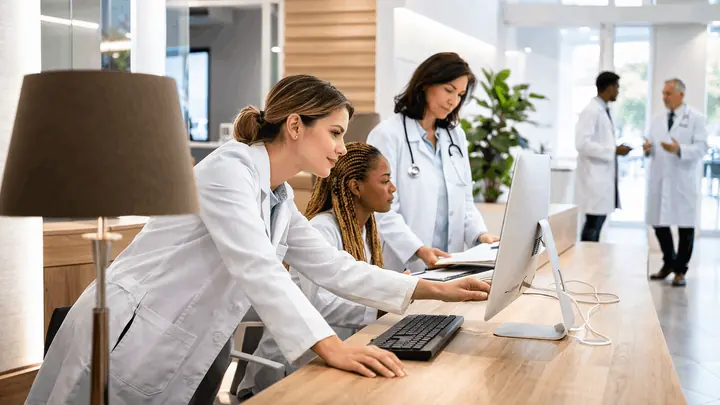 Aerztinnen und Praxisteam an einem Empfangsbereich